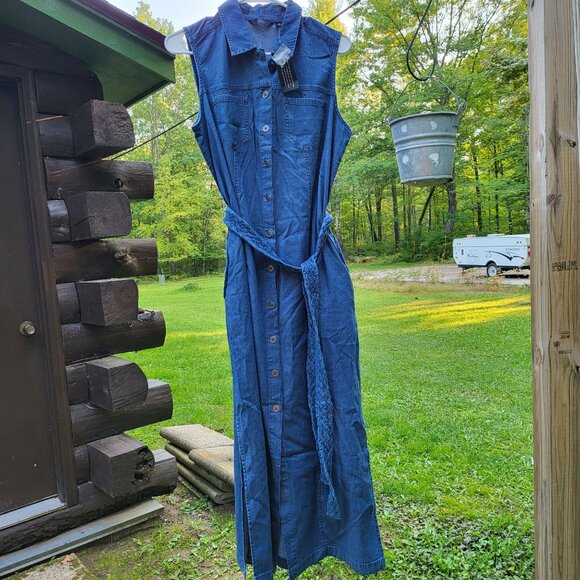 Women's Sleeveless Denim Button-Down Maxi Dress Braided Belt G By Giuliana M NWT - Picture 15 of 15